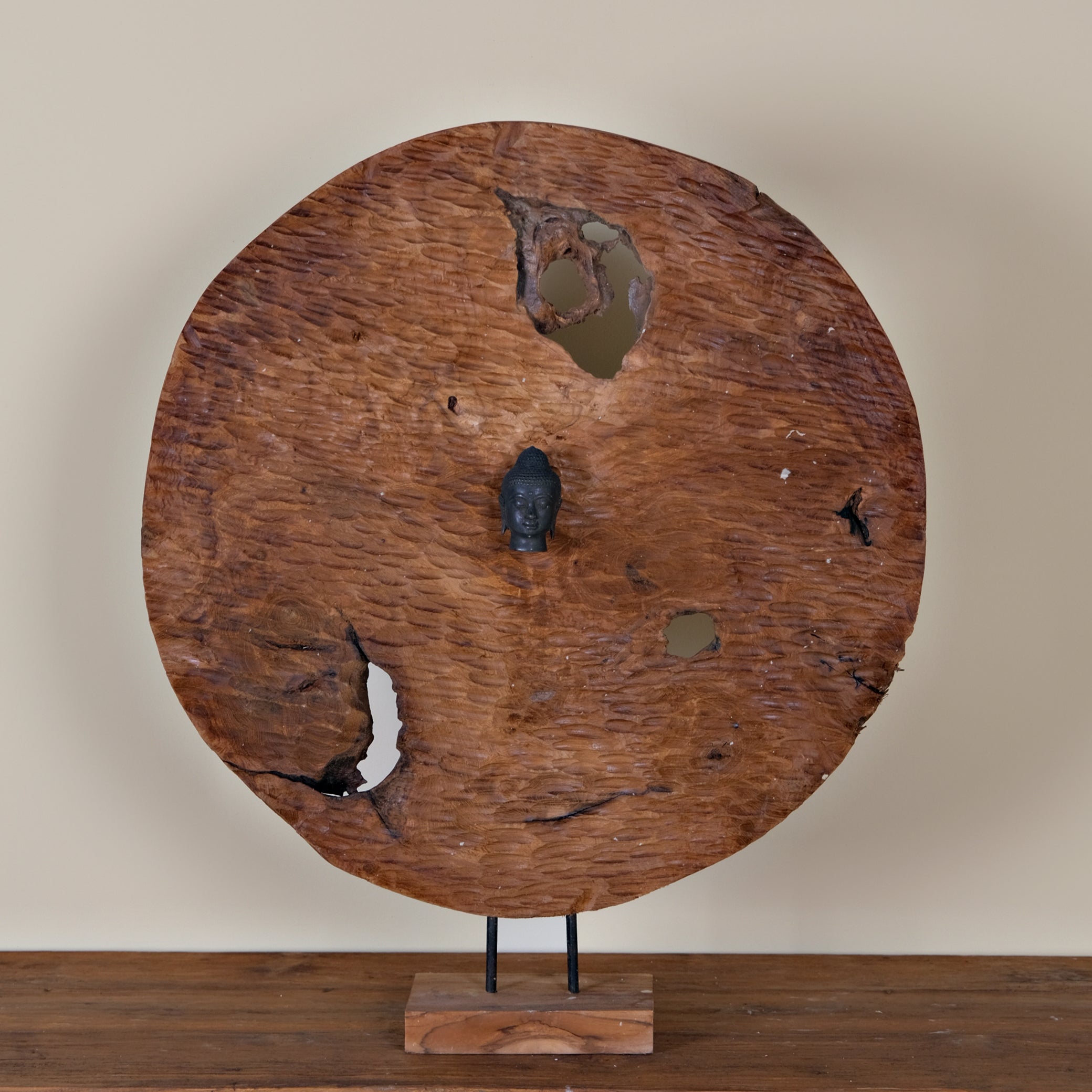 ROUND TEAK PANEL WITH BUDDHA IN THE MIDDLE