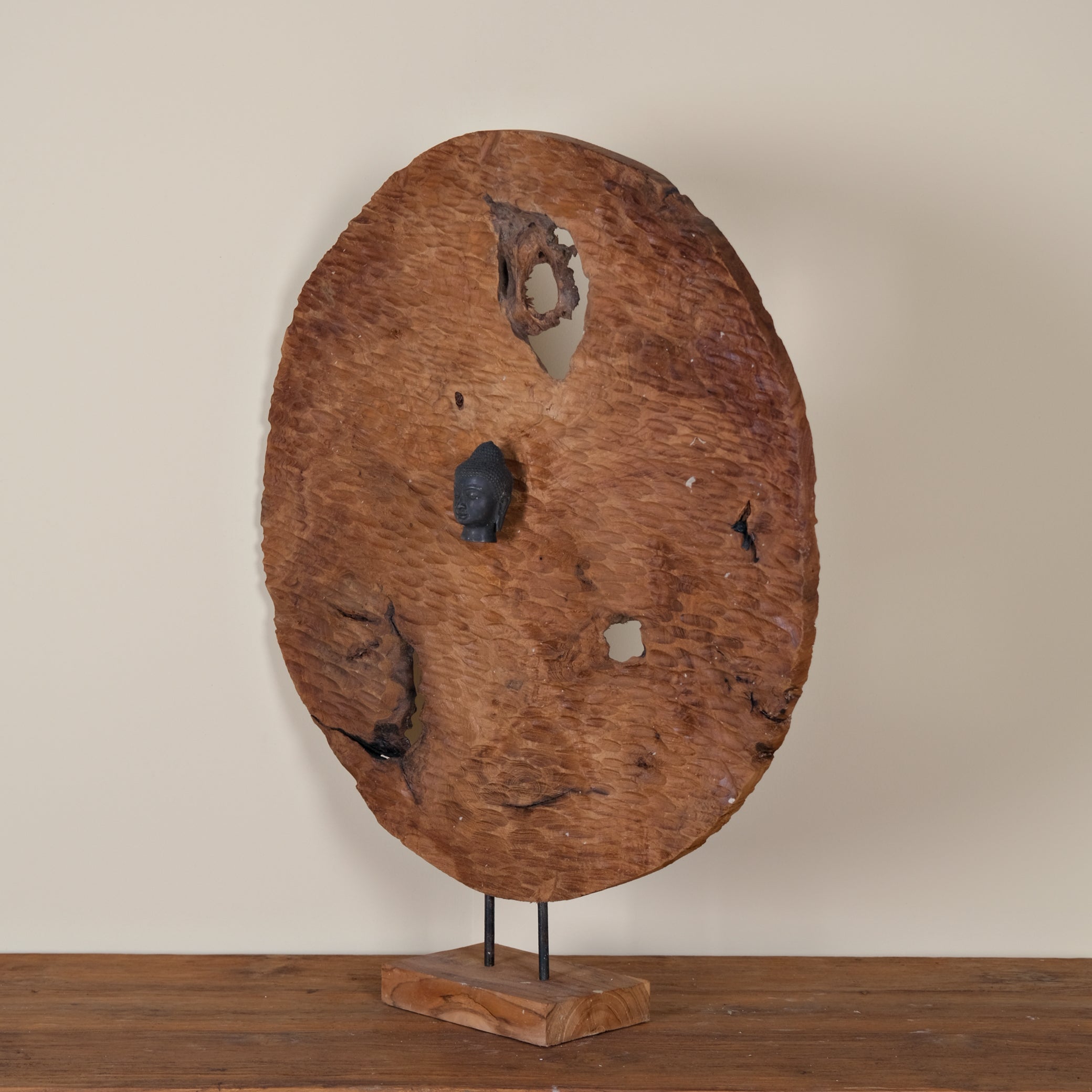 ROUND TEAK PANEL WITH BUDDHA IN THE MIDDLE