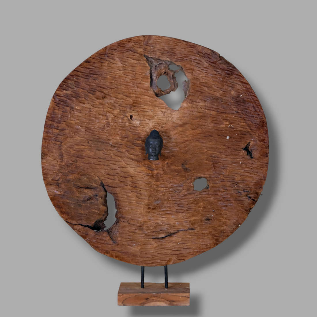 ROUND TEAK PANEL WITH BUDDHA IN THE MIDDLE