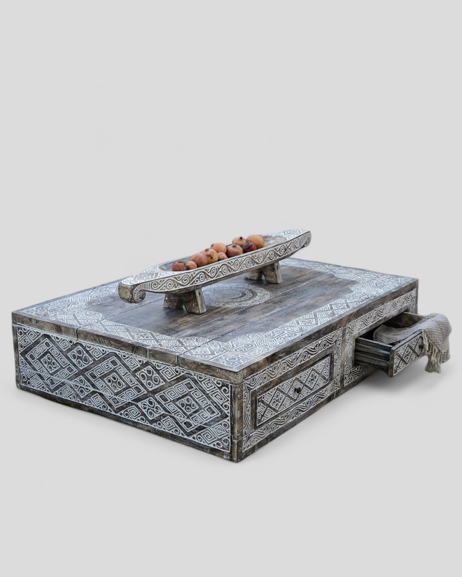 CARVED COFFEE TABLE WITH DRAWERS