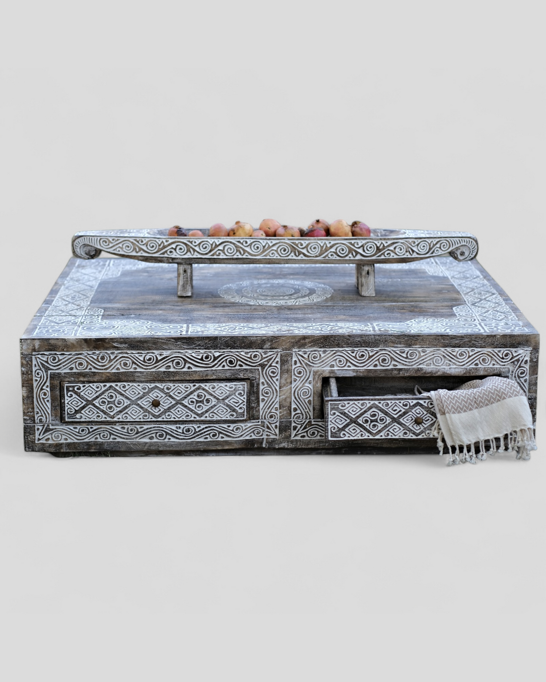 CARVED COFFEE TABLE WITH DRAWERS