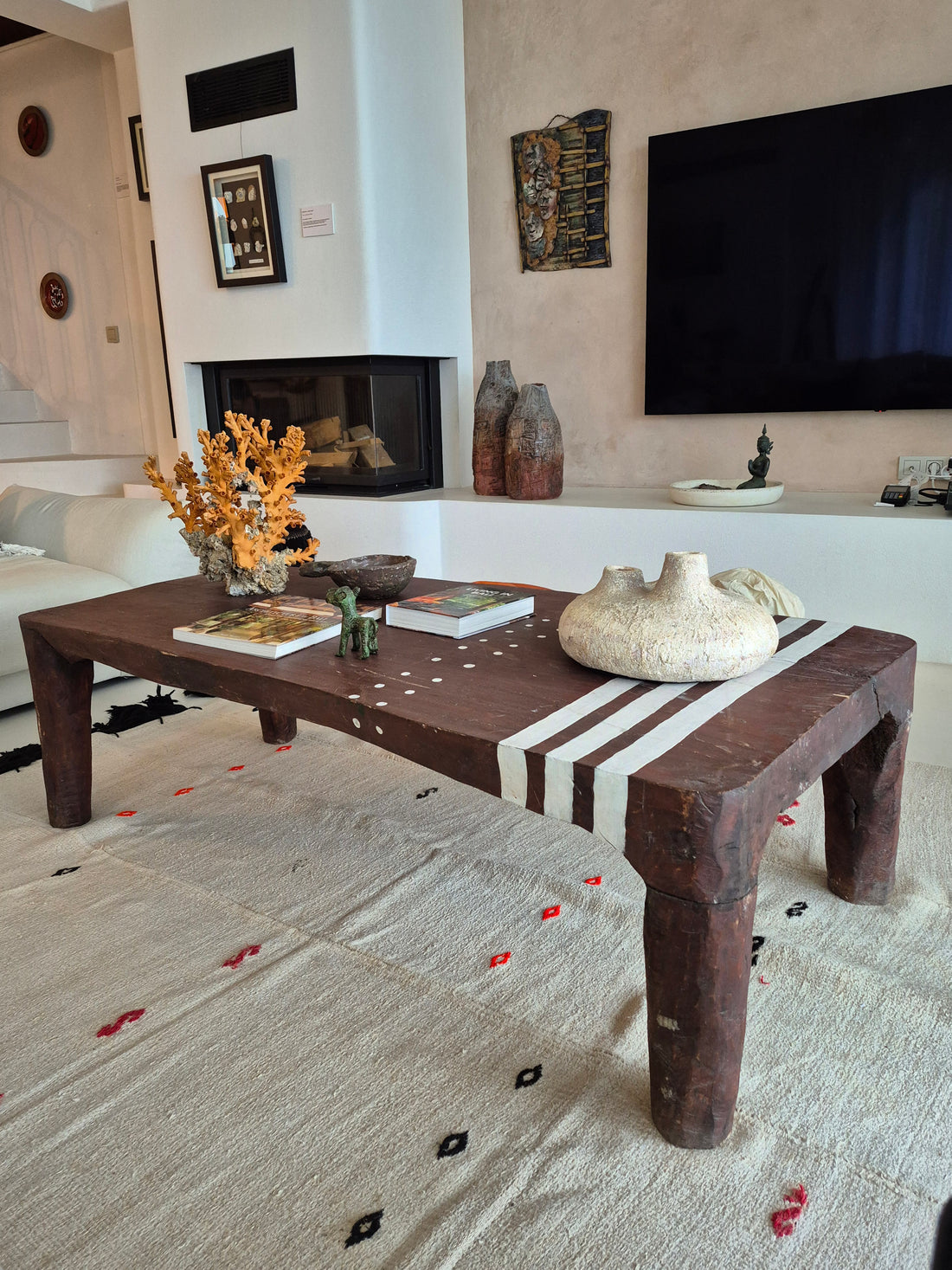 TEAK STRIPED PATTERNED RECTANGULAR COFFETABLE