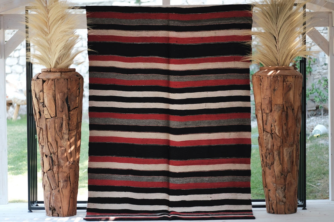 WOOL RUG RED BLACK STRIPED