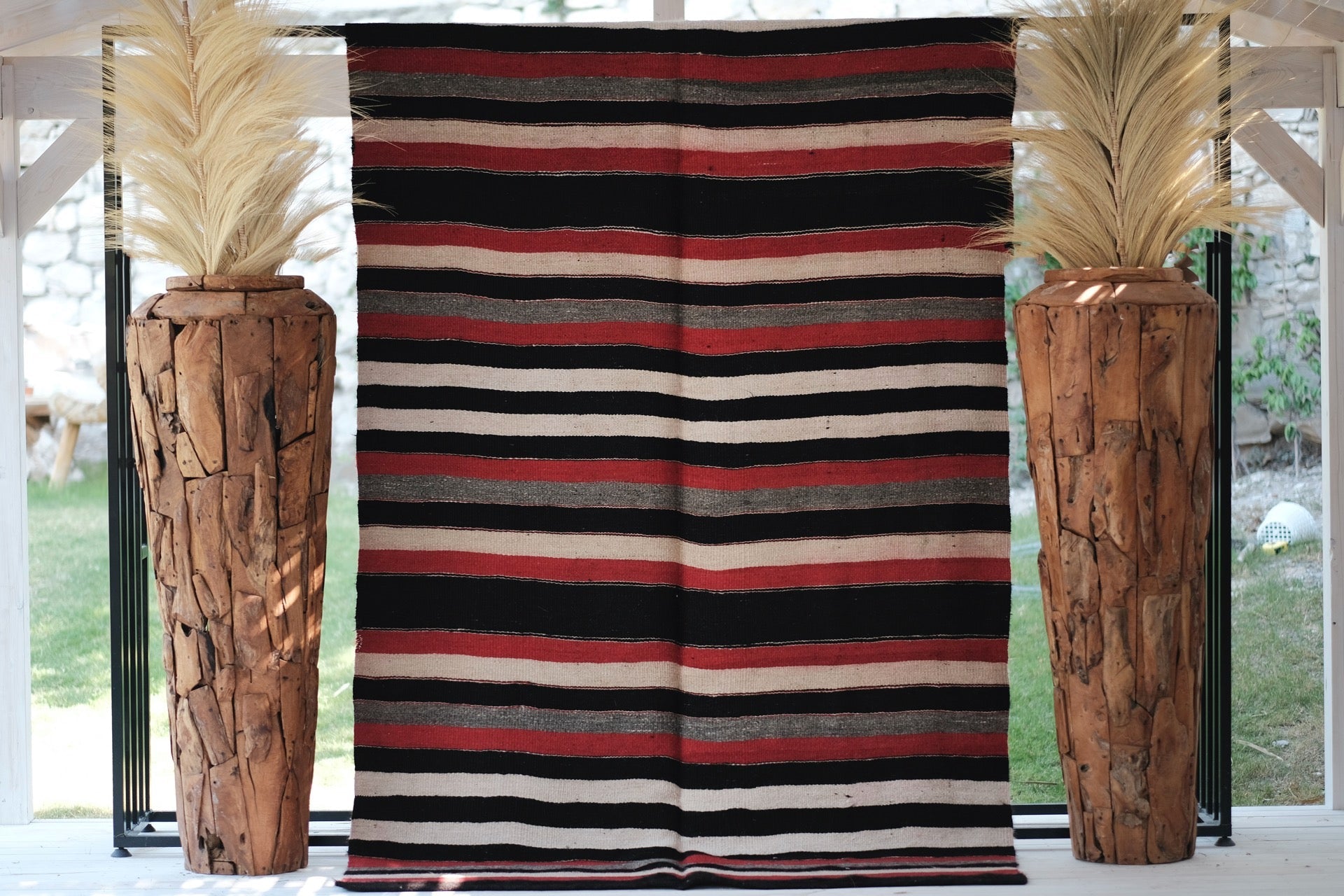 WOOL RUG RED BLACK STRIPED